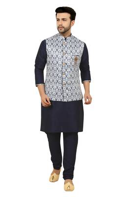 Blue printed art silk kurta-pajama 1