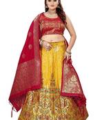 Yellow And Red Jecard Lengha Anarkali With Blouse