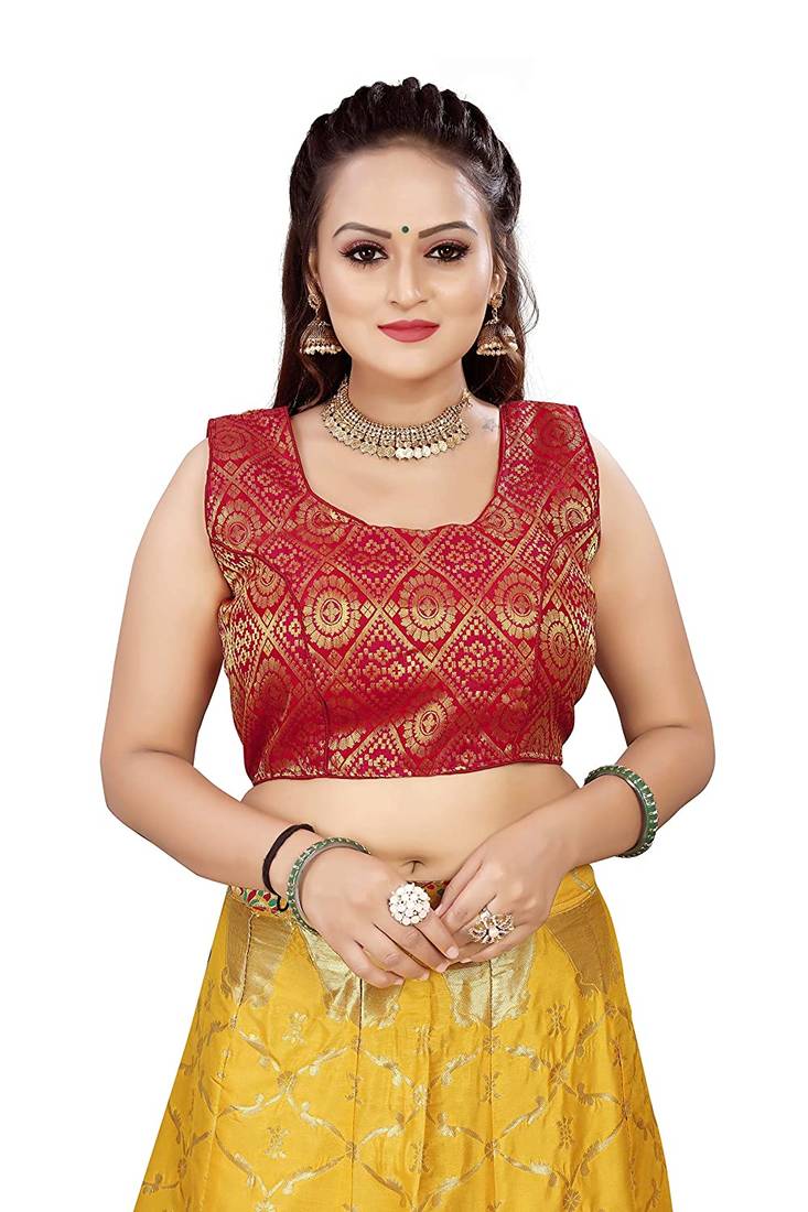 Yellow And Red Jecard Lengha Anarkali With Blouse
