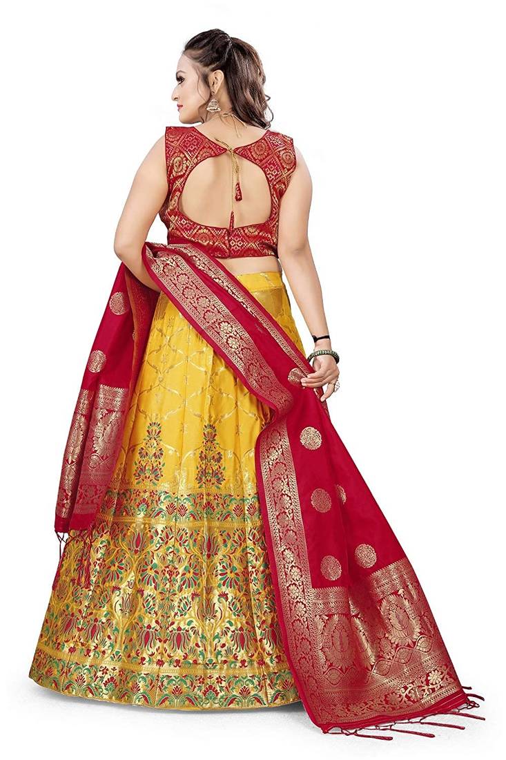 Yellow And Red Jecard Lengha Anarkali With Blouse