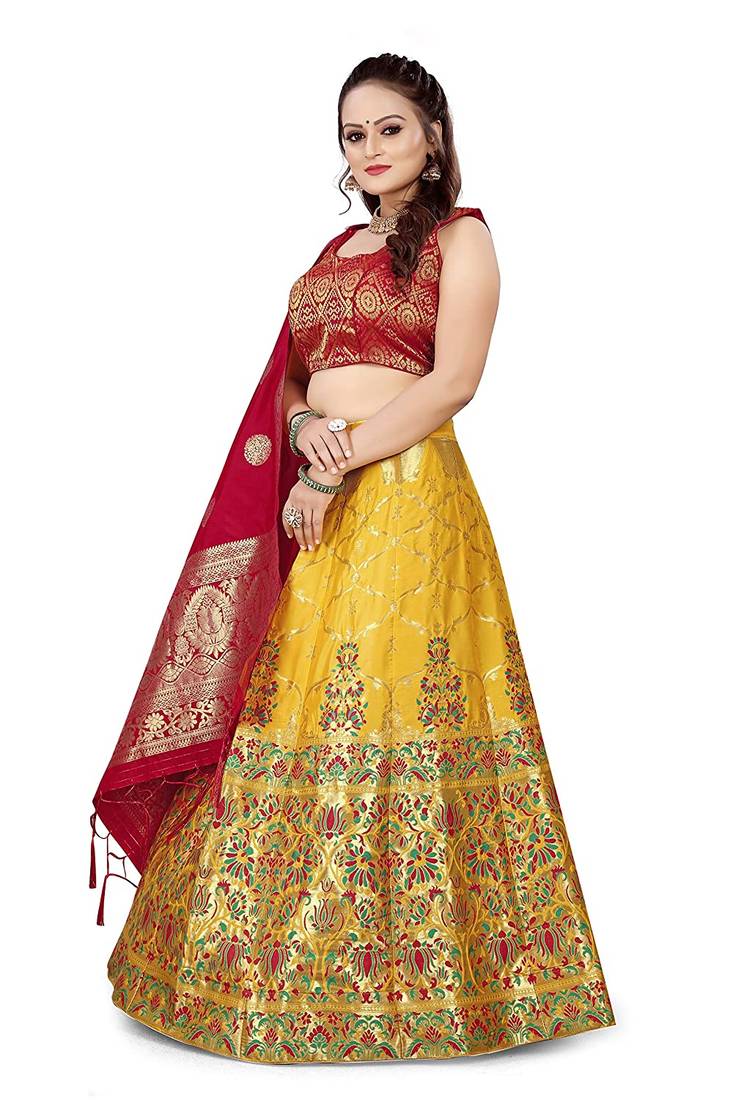 Yellow And Red Jecard Lengha Anarkali With Blouse