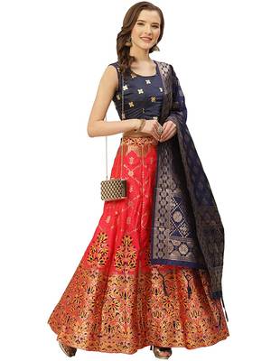 Blue Red Jecard Lengha Anrakali With Blouse 1