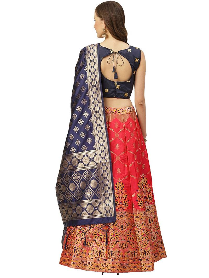 Blue Red Jecard Lengha Anrakali With Blouse