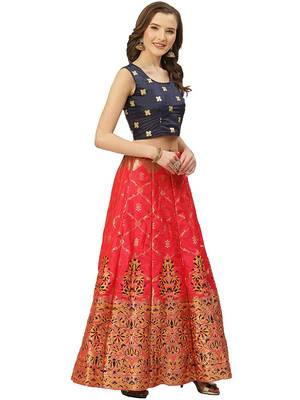 Blue Red Jecard Lengha Anrakali With Blouse 3