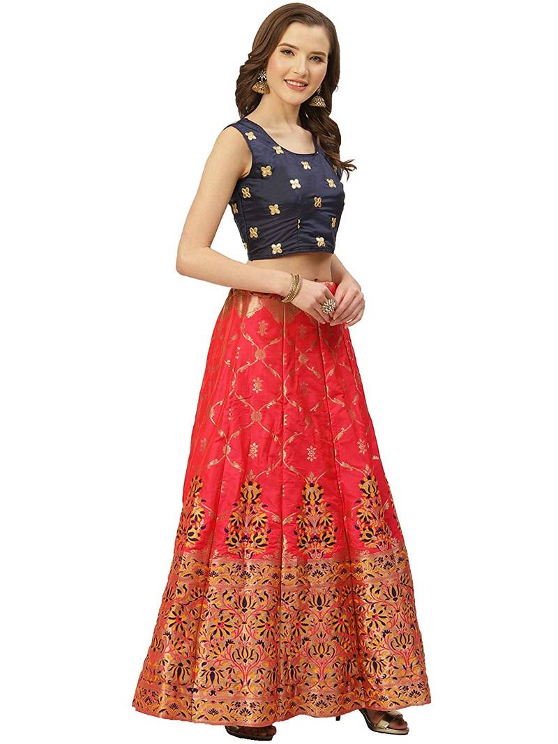 Blue Red Jecard Lengha Anrakali With Blouse