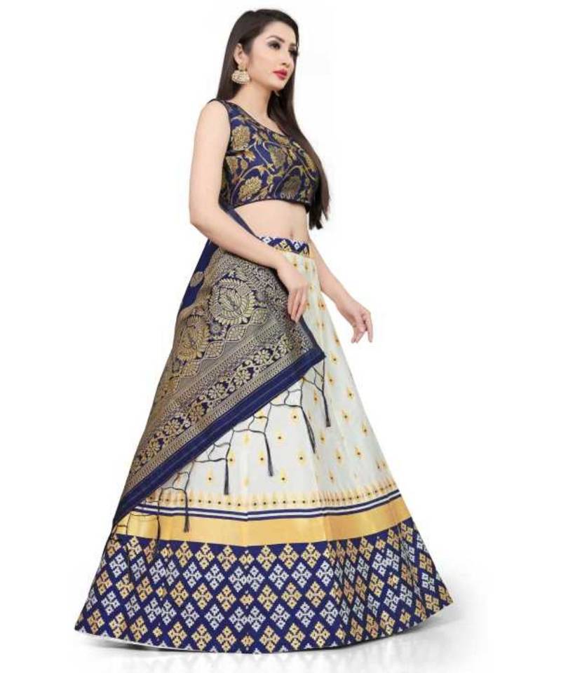 Blue White Jecard Lengha Anrakali With Blouse