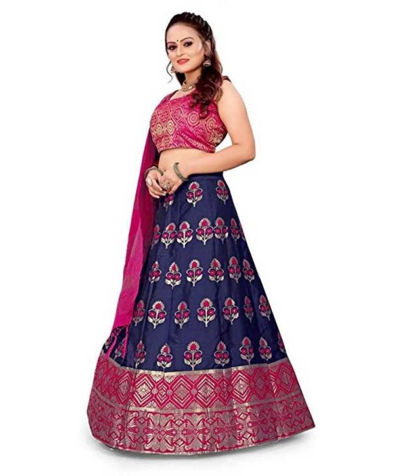 Blue Pink Jecard Lengha Anrakali With Blouse
