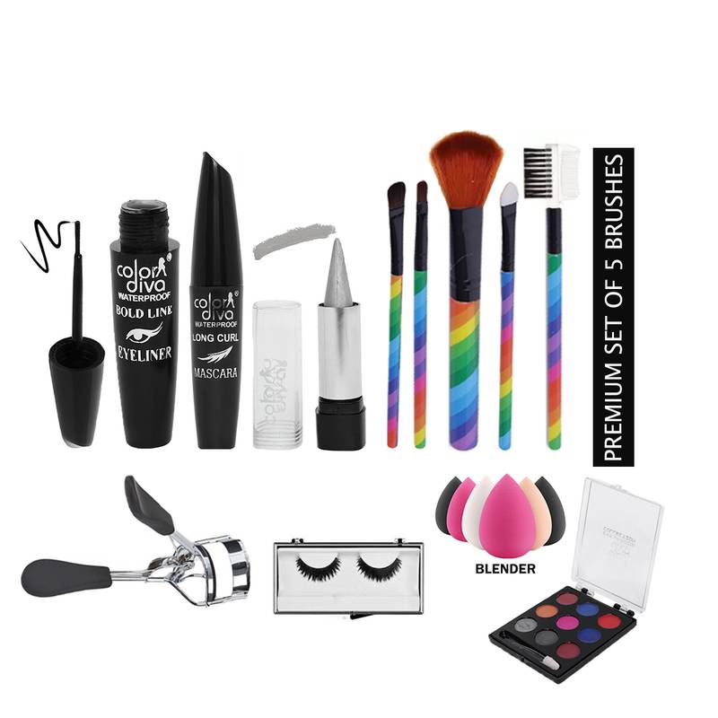 Color Diva Eye & Face Stylish Combo-Eyeliner, Kajal, Mascara, EyeShadow, EyeLashes, Clipper, Blender & Set of 5 Brush