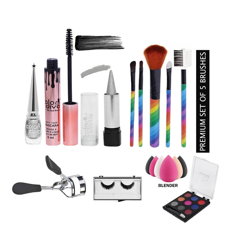 Color Diva Eye & Face Stylish Combo-Eyeliner, Kajal, Mascara, EyeShadow, EyeLashes, Clipper, Blender & Set of 5 Brush