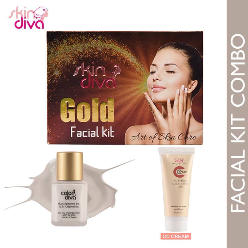Skin Diva Gold Facial Kit80 gm, Color Diva Liquid Makeup Foundation30 ml White & CC Cream 60 ml Combo