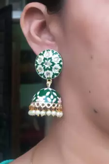 RozMili Meenakeri Design Hand painted Green jhumkas