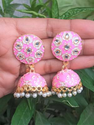 RozMili Meenakeri Hand Painted Design Pink jhumkas 1