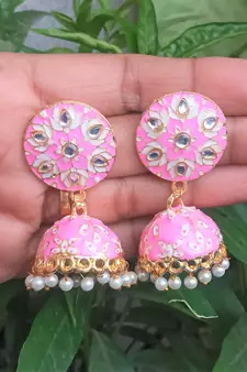 RozMili Meenakeri Hand Painted Design Pink jhumkas