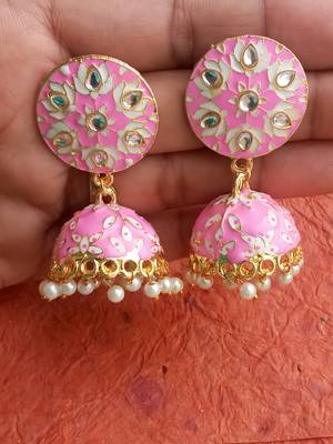 RozMili Meenakeri Hand Painted Design Pink jhumkas 2