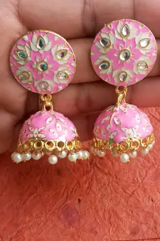 RozMili Meenakeri Hand Painted Design Pink jhumkas