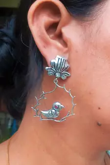 RozMili Handcrafted Oxidized silver finish  Brass metal Jaipuri Monalisa stone drop Earring for women & Girls
