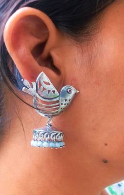 RozMili Indian Handcrafted Silver Oxidized  finish bird design Brass metal Jaipuri Drop Earring for women & Girls 4