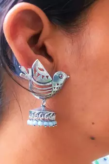 RozMili Indian Handcrafted Silver Oxidized  finish bird design Brass metal Jaipuri Drop Earring for women & Girls