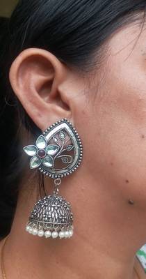 RozMili Oxidized Silver Finish kundan flower Jhumki Earring for women & Girls 5