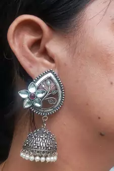 RozMili Oxidized Silver Finish kundan flower Jhumki Earring for women & Girls