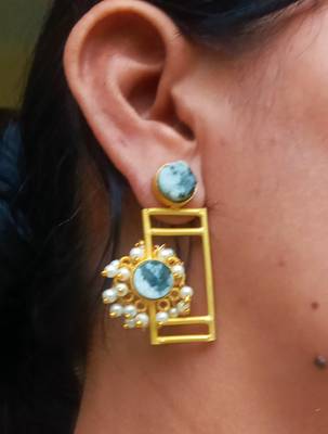 RozMili Traditional Brass metal Matte finish Gold Plated  Jaipuri stone Drop Earrings for Women & Girls 3
