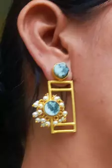 RozMili Traditional Brass metal Matte finish Gold Plated  Jaipuri stone Drop Earrings for Women & Girls