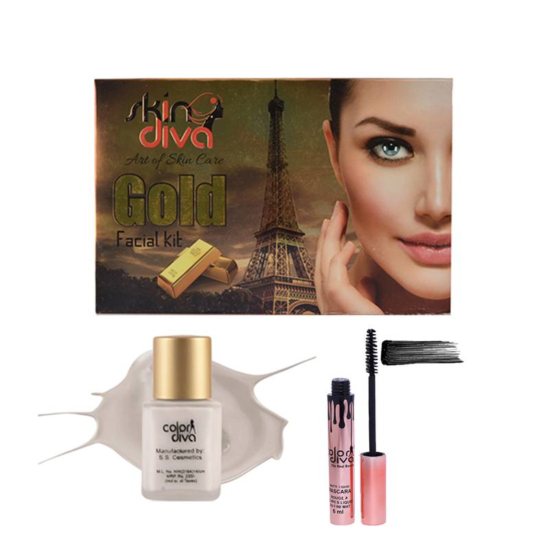 Skin Diva Gold Facial Kit, Color Diva Liquid Makeup Foundation White & Color Diva Rose Gold Mascara Black Combo