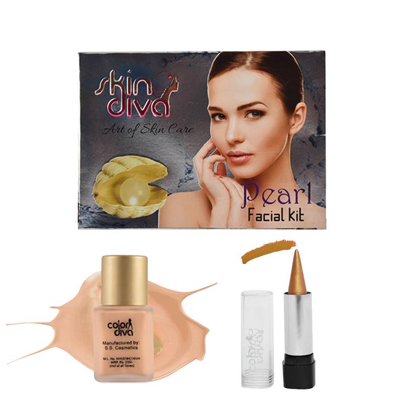 Skin Diva Pearl Facial Kit, Color Diva Liquid Makeup Foundation Beige & Color Diva Transparent Ring Golden Kajal Combo