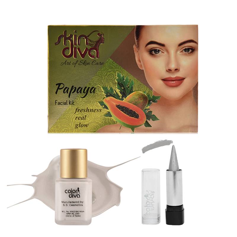 Skin Diva Papaya Facial Kit, Color Diva Liquid Makeup Foundation White & Color Diva Transparent Ring Silver Kajal Combo