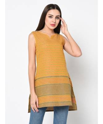 Women Yellow Woven Design Kurti 4