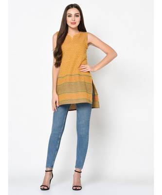 Women Yellow Woven Design Kurti 1