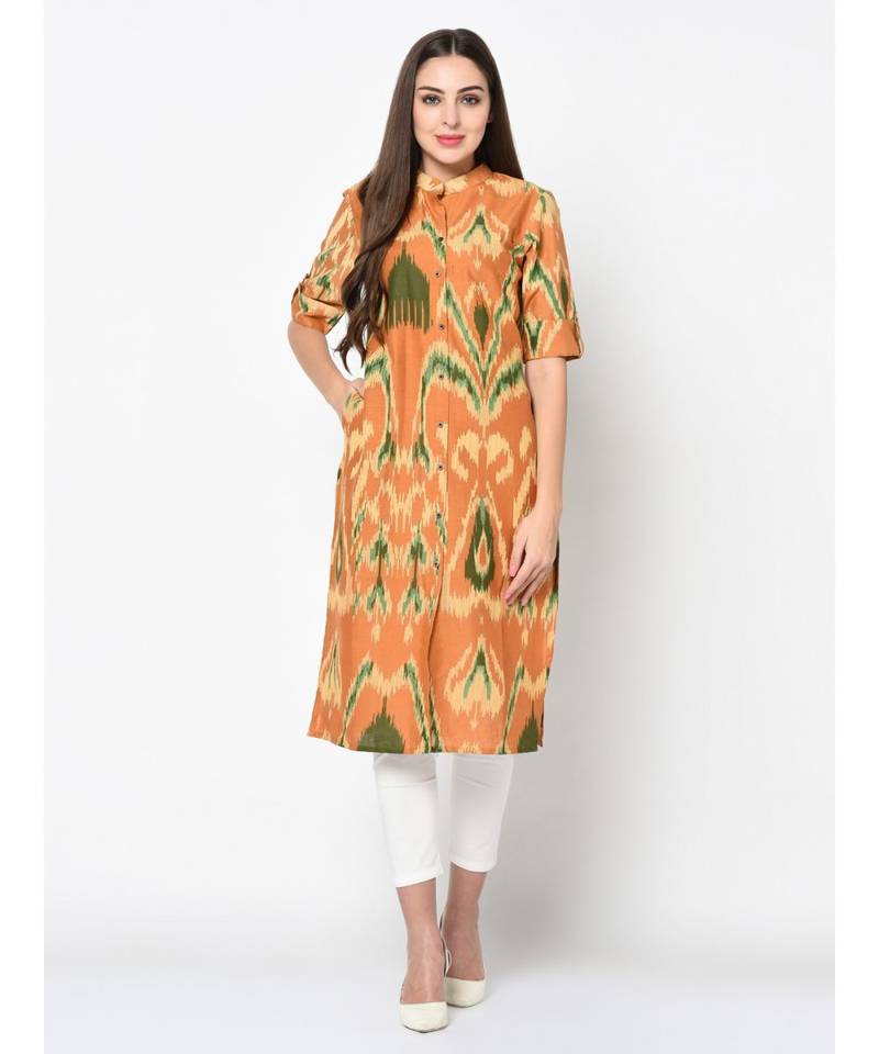 Mustard Cotton Ikat Printed Straight Kurta