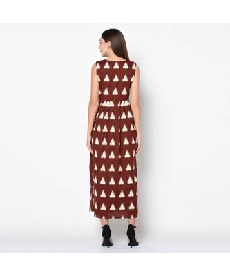 Brown  Linen Double Ikat Printed Maxi Dress 2
