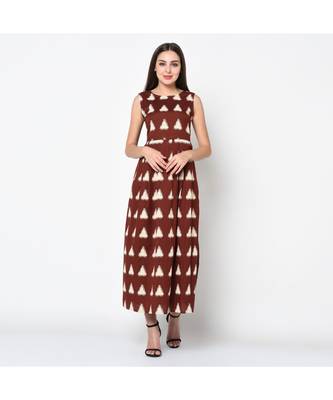 Brown  Linen Double Ikat Printed Maxi Dress 4