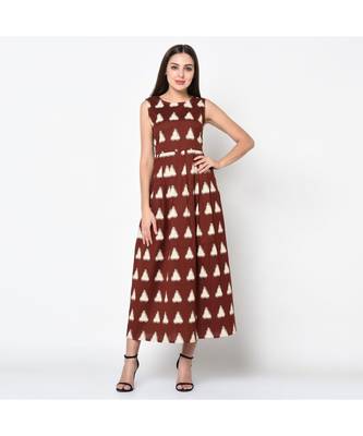 Brown  Linen Double Ikat Printed Maxi Dress 1