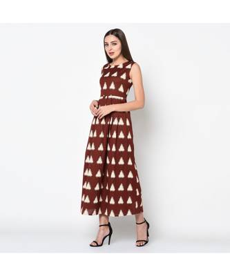 Brown  Linen Double Ikat Printed Maxi Dress 5