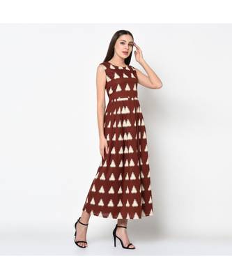 Brown  Linen Double Ikat Printed Maxi Dress 6