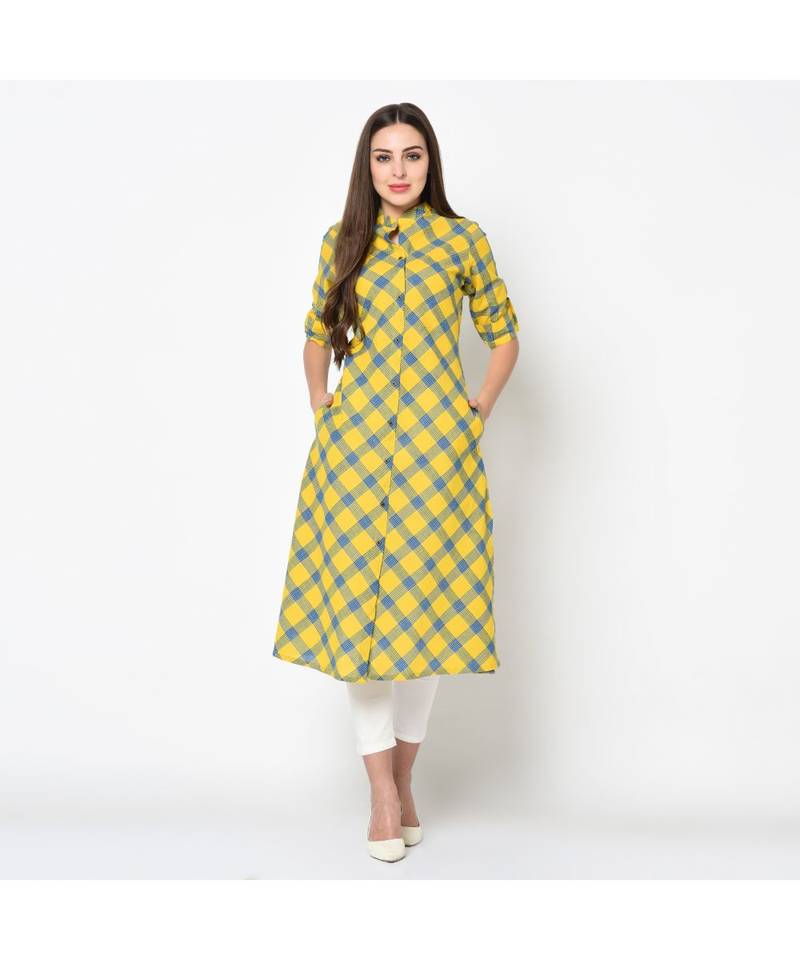 Women Yellow Checkered A-Line Kurta