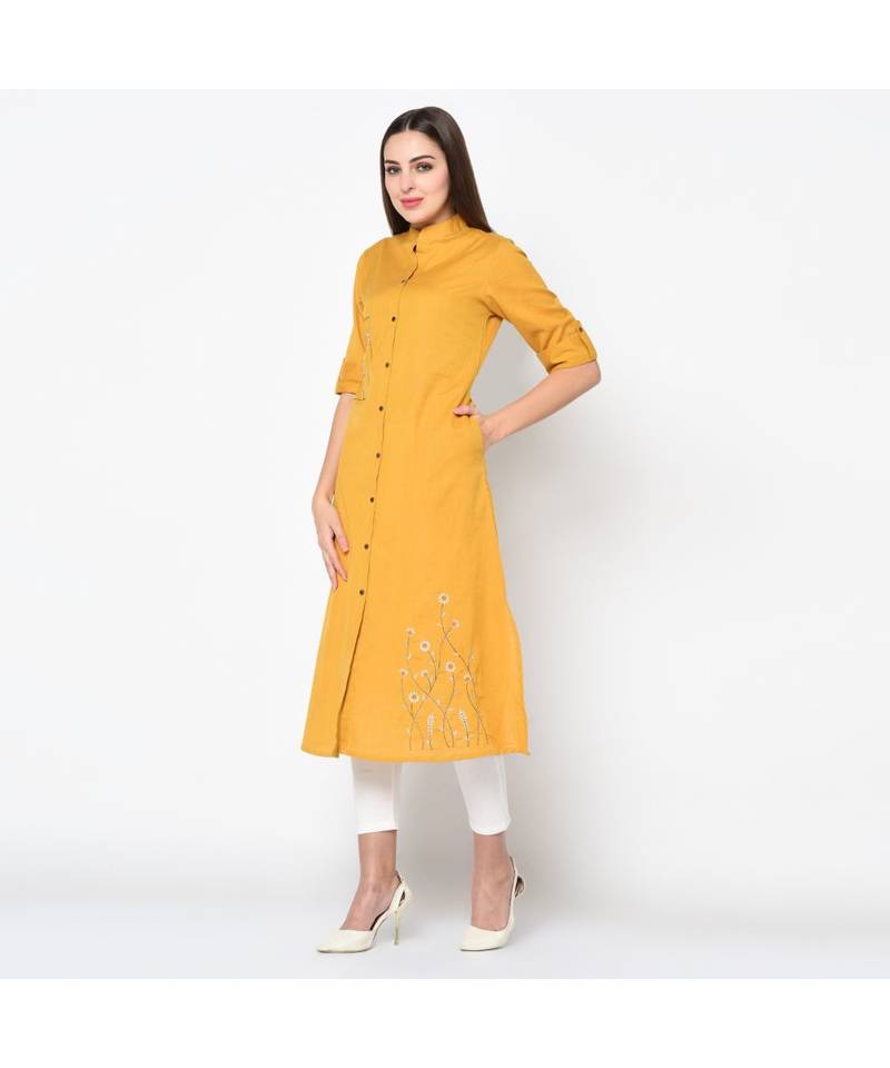 Women Yellow Embroidered Straight Kurta