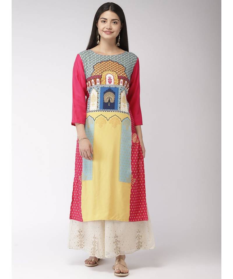 Women Pink & Yellow Printed Straight Kurta