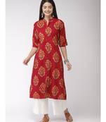 Red A-Line floral Print Kurta
