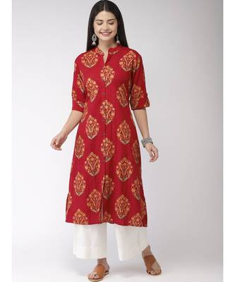 Red A-Line floral Print Kurta 2