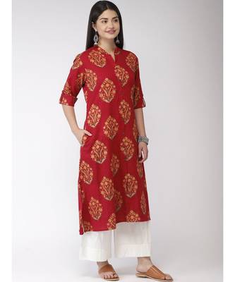 Red A-Line floral Print Kurta 4