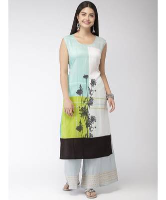 Women Blue & Off-White Printed A-Line Kurta 2