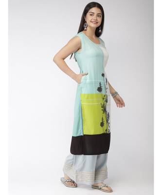 Women Blue & Off-White Printed A-Line Kurta 4