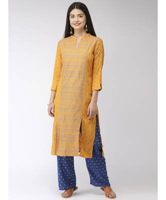Women Mustard & Blue Self Design Kurta with Plazzo 2
