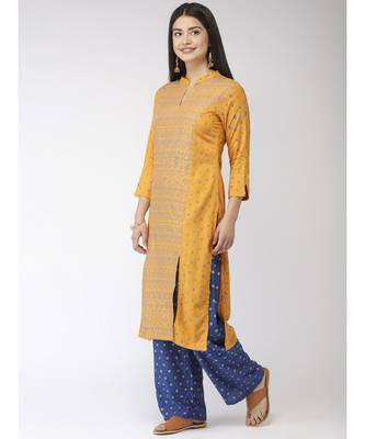 Women Mustard & Blue Self Design Kurta with Plazzo 5