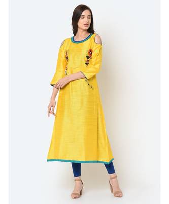 Women Yellow Applique Detail A-line Kurta 1