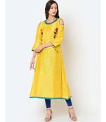 Women Yellow Applique Detail A-line Kurta