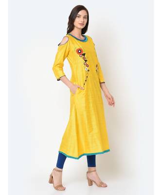 Women Yellow Applique Detail A-line Kurta 5